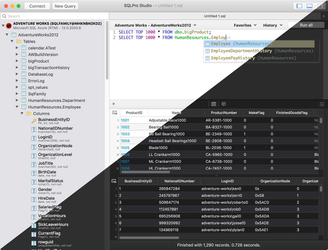 SQLPro Studio query editor showing multiple database connections and result sets